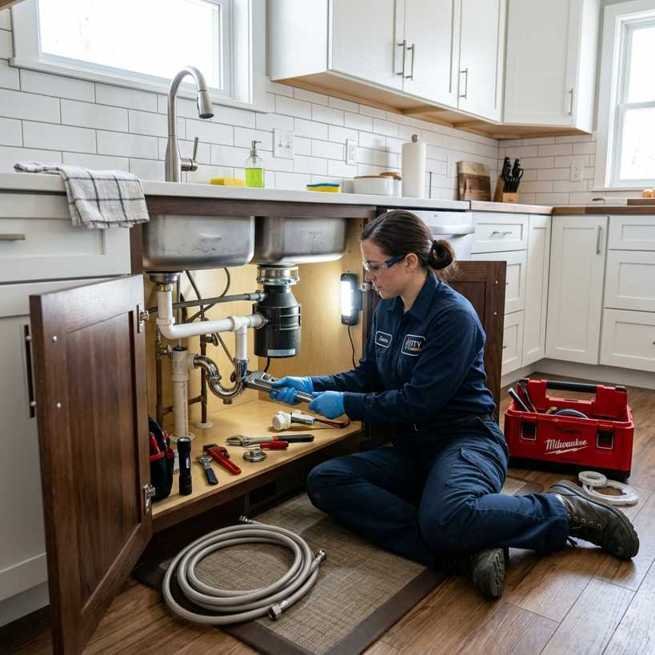 Emergency plumber working under a sink in a Brockton home